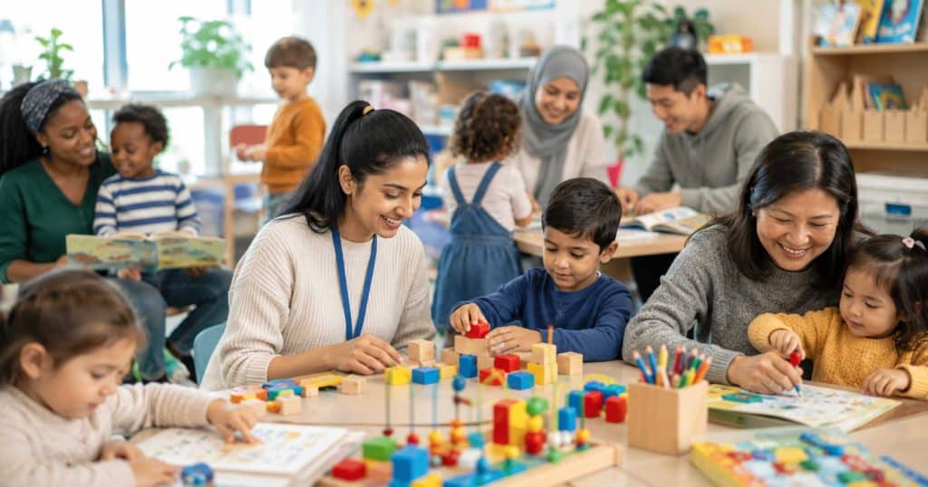 Professional educational marketing image showing both a recent high school graduate and a mature student beginning successful careers as Early Childhood Assistants in Canada.