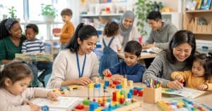 Professional educational marketing image showing both a recent high school graduate and a mature student beginning successful careers as Early Childhood Assistants in Canada.
